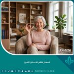سيدة مسنة تبتسم بثقة وسعادة وتحمل طقم أسنان مرن، تعبيراً عن الراحة والجمال في طقم الأسنان بدون مشابك معدنية.