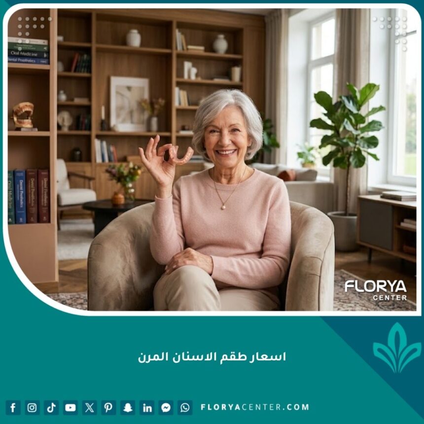 سيدة مسنة تبتسم بثقة وسعادة وتحمل طقم أسنان مرن، تعبيراً عن الراحة والجمال في طقم الأسنان بدون مشابك معدنية.