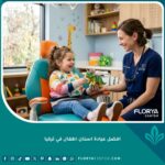 طفل سعيد ومبتسم أثناء زيارته إلى أفضل عيادة أسنان أطفال في تركيا مع طبيبة أسنان ودودة.