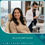 مريضة تبتسم بثقة في افضل عيادة تقويم اسنان في تركيا، مع طبيب متخصص يتابع خطة العلاج في الخلفية.