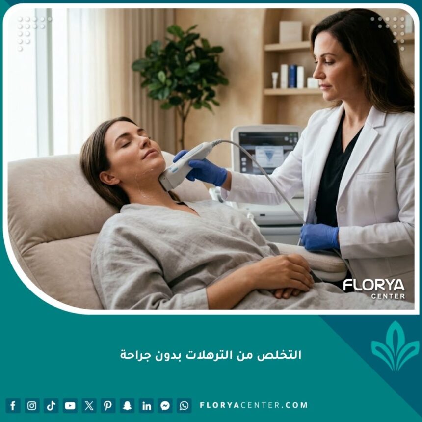 جلسة التخلص من الترهلات بدون جراحة باستخدام أحدث الأجهزة الطبية في عيادة تجميل فخمة.