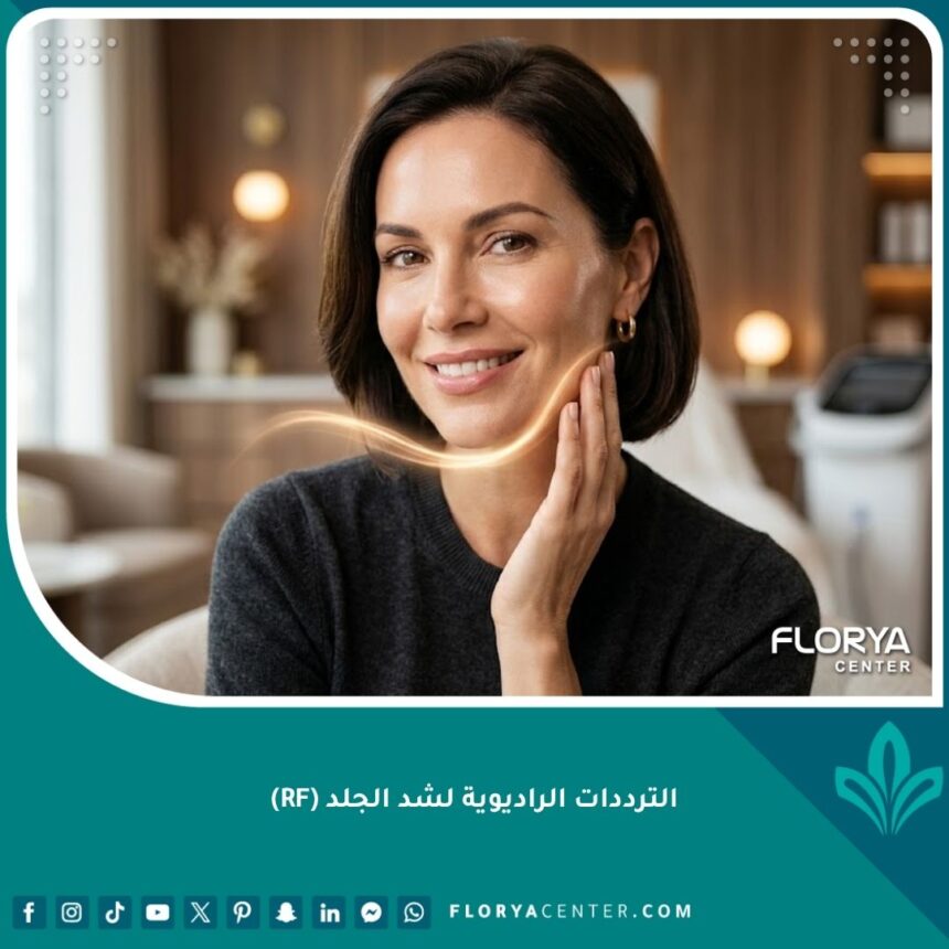 امرأة تتمتع ببشرة مشدودة ونضرة بعد الخضوع لجلسة الترددات الراديوية لشد الجلد في عيادة تجميل متطورة.