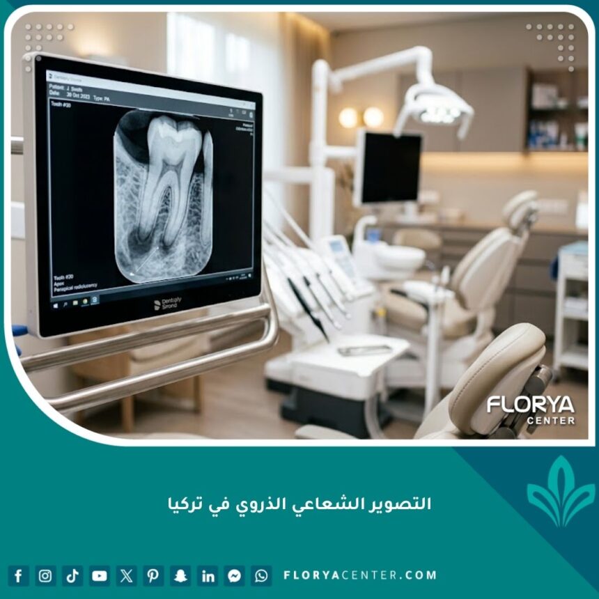 شاشة رقمية حديثة تعرض نتيجة التصوير الشعاعي الذروي في تركيا داخل عيادة أسنان متطورة.