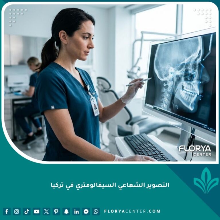 طبيب تقويم أسنان يدرس أشعة جانبية للجمجمة (سيفالومتريك) في عيادة حديثة في تركيا.