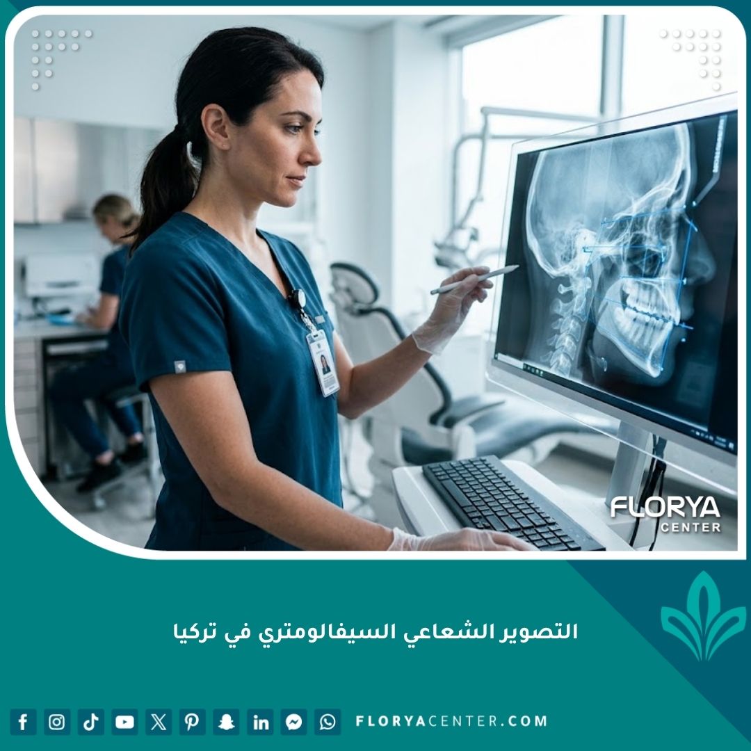 طبيب تقويم أسنان يدرس أشعة جانبية للجمجمة (سيفالومتريك) في عيادة حديثة في تركيا.