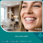 صورة قريبة لابتسامة جذابة تظهر تقويم ديمون الشفاف في إحدى عيادات الأسنان الفاخرة في تركيا.