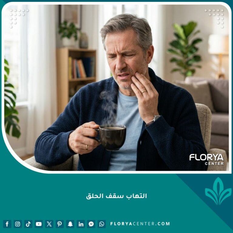 رجل يعاني من ألم في الفم يشير إلى أعراض التهاب سقف الحلق بسبب المشروبات الساخنة.