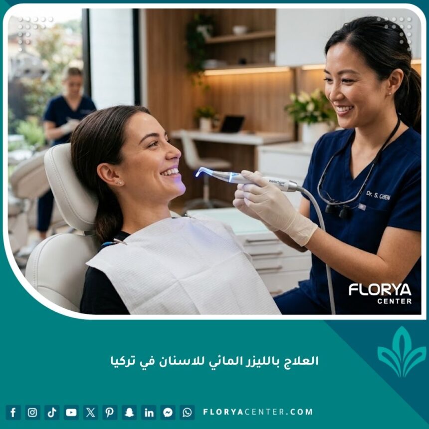 العلاج بالليزر المائي للاسنان في تركيا 1 مريض مبتسم يشعر بالراحة أثناء جلسة العلاج بالليزر المائي للاسنان في تركيا بدون ألم أو إبرة تخدير.