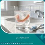 العناية بطقم الاسنان المتحرك باستخدام أقراص التنظيف الفوارة والفرشاة المخصصة في روتين الصباح.