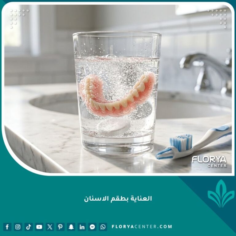 العناية بطقم الاسنان المتحرك باستخدام أقراص التنظيف الفوارة والفرشاة المخصصة في روتين الصباح.