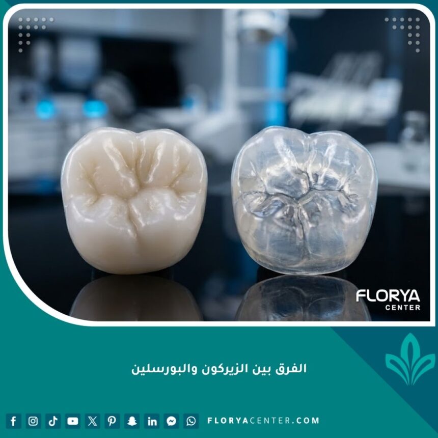 صورة مقربة عالية الدقة توضح الفرق بين الزيركون والبورسلين في تجميل وتلبيس الأسنان.