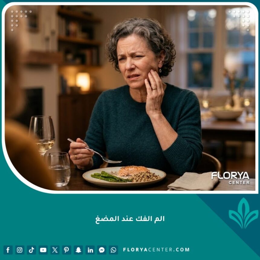 الم الفك عند المضغ 1 شخص يعاني من ألم الفك عند المضغ أثناء تناول الطعام يضع يده على فكه.