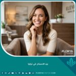 صورة مقربة لابتسامة مثالية ومشرقة تبرز نتائج تجميل وبرد الاسنان في تركيا داخل عيادة فخمة.