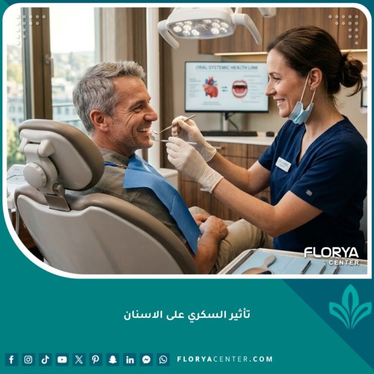 طبيب أسنان يفحص مريض سكري في عيادة حديثة، صورة تعبيرية توضح أهمية العناية للوقاية من تأثير السكري على الأسنان.