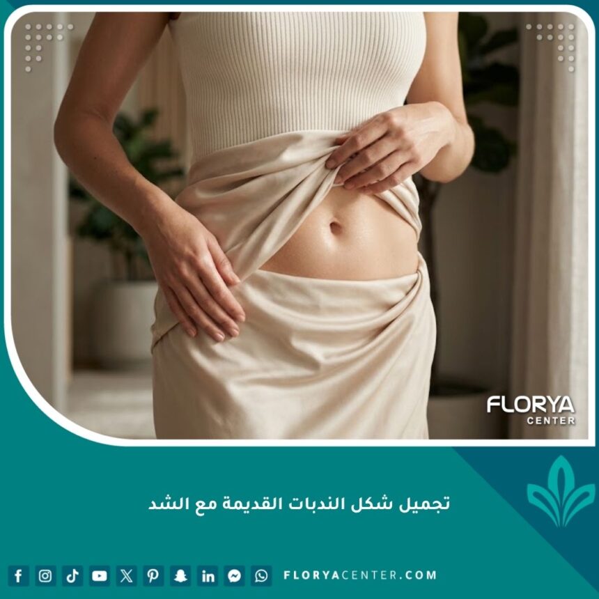سيدة تتمتع ببطن مسطح وقوام متناسق بعد تجميل شكل الندبات القديمة مع الشد، مما يعكس الثقة والجمال.