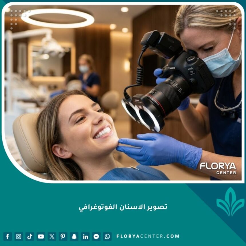 تصوير الأسنان الفوتوغرافي الاحترافي لتوثيق وتجميل الابتسامة في العيادة.
