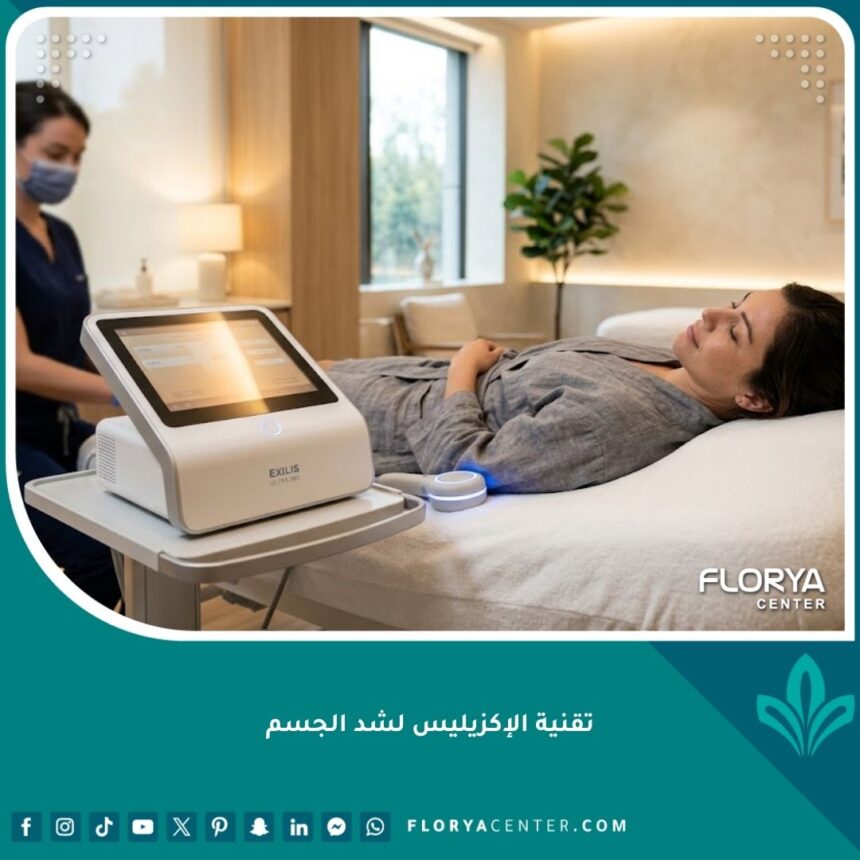 صورة عالية الدقة لجلسة شد الجسم بتقنية الإكزيليس في عيادة تجميل فخمة ومريحة.