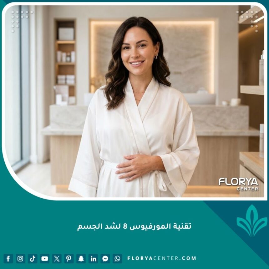 امرأة ذات بشرة مشدودة وناعمة بعد استخدام تقنية المورفيوس 8 لشد الجسم في عيادة تجميل فخمة.