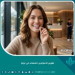 صورة مقربة لامرأة تبتسم بثقة أثناء تركيب تقويم الانفزلاين الشفاف الأصلي في عيادة أسنان فاخرة في تركيا.