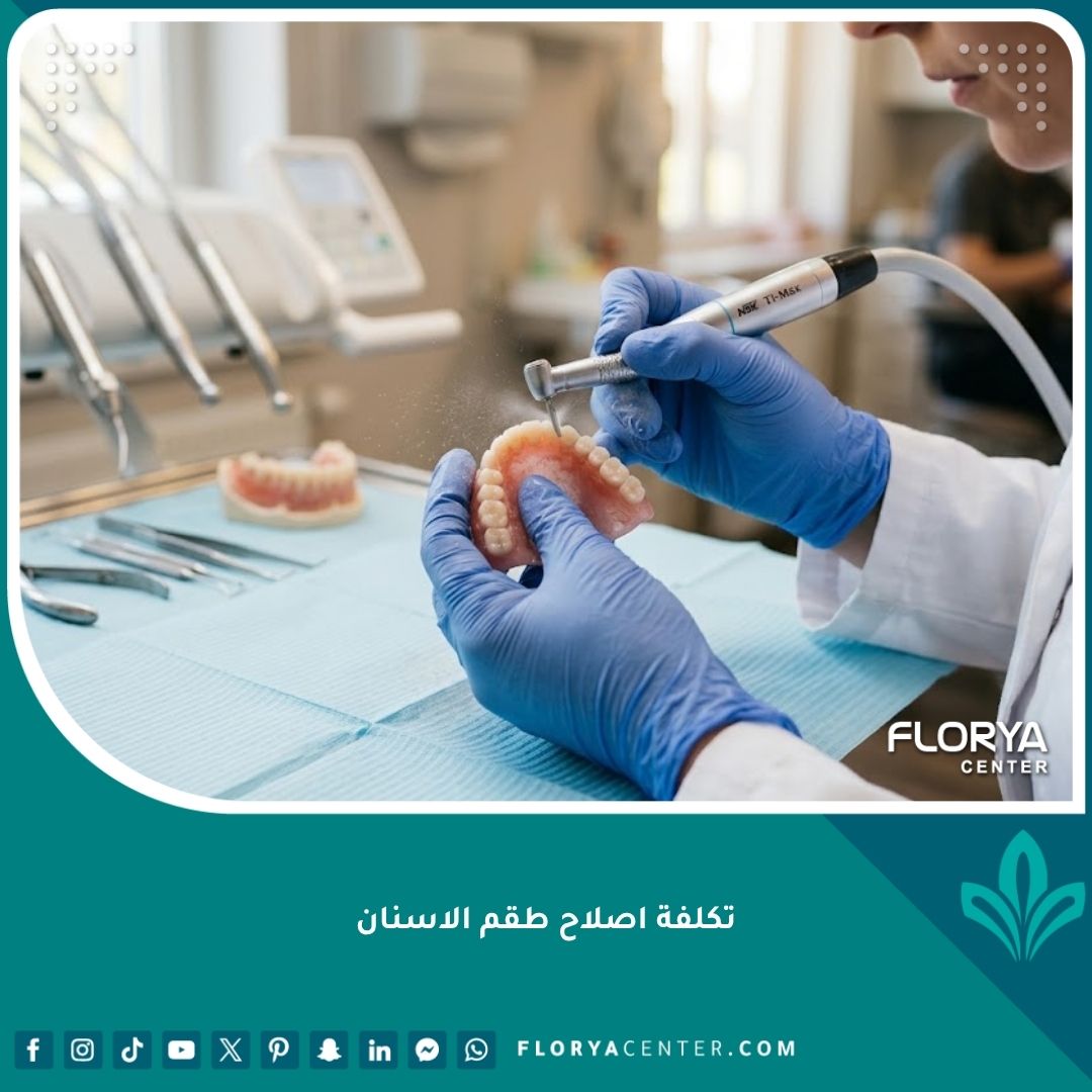 طبيب أسنان محترف يقوم بإصلاح طقم أسنان مكسور بدقة عالية داخل عيادة أسنان حديثة.