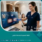 طبيب أسنان يستخدم برنامج تكلفة تصميم الابتسامة الرقمي على شاشة ذكية لتحديد شكل الأسنان الجديد.
