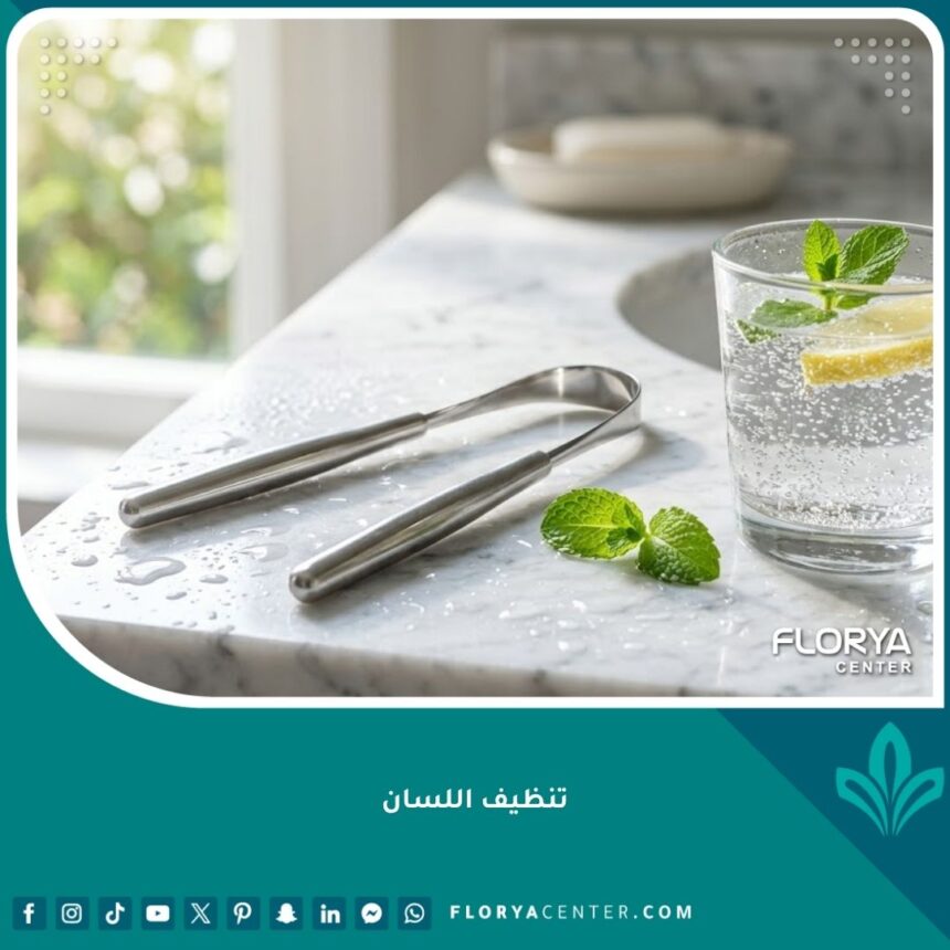 صورة عالية الدقة لأداة كشط وتنظيف اللسان المعدنية على حوض رخامي، تعكس أهمية النظافة الشخصية للقضاء على رائحة الفم الكريهة.