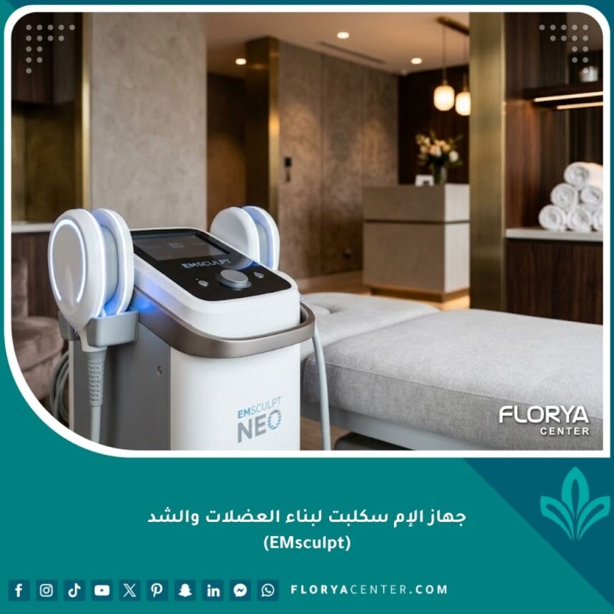 صورة واقعية عالية الجودة لجهاز الإم سكلبت (EMsculpt) الحديث داخل عيادة تجميل فخمة لشد الجسم وبناء العضلات.