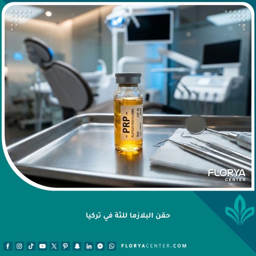 حقن البلازما للثة في تركيا 1 صورة عالية الدقة توضح أنبوب حقن البلازما الذهبية بجانب أدوات طب الأسنان الحديثة في عيادة متطورة.