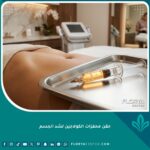 صورة مقربة لإبر حقن محفزات الكولاجين لشد الجسم بجانب منطقة بطن مشدودة في عيادة تجميل فخمة.