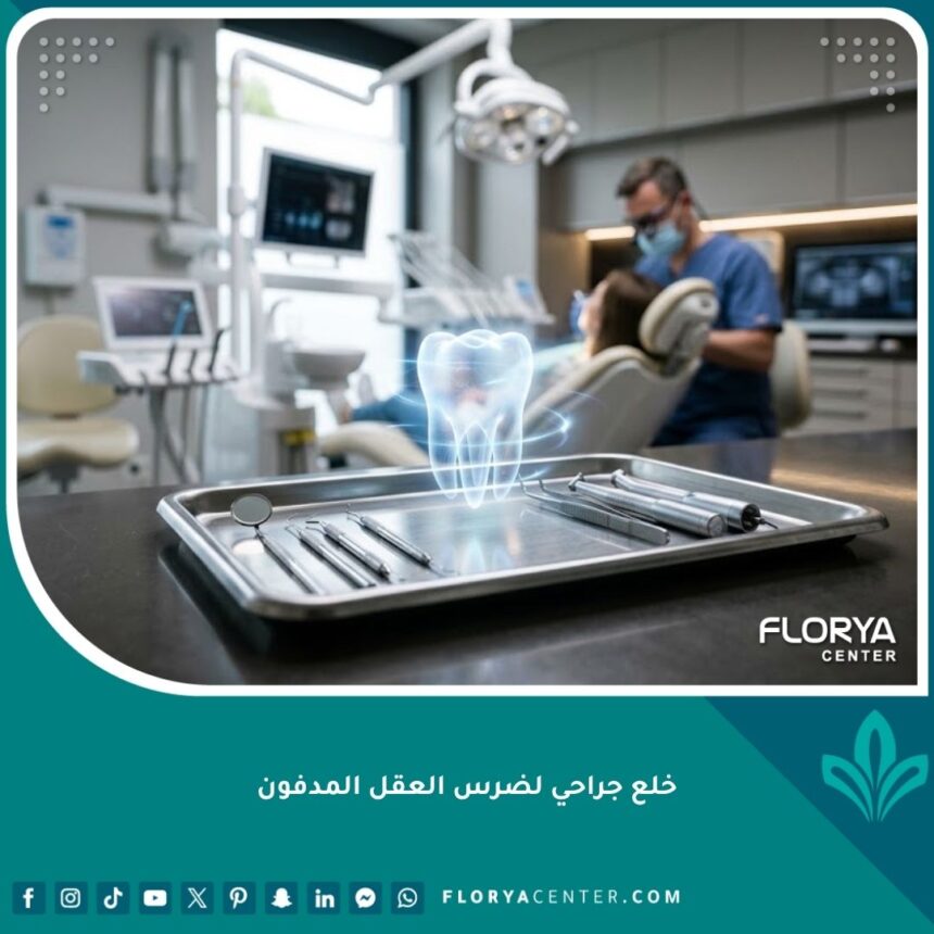 خلع جراحي لضرس العقل المدفون 1 عيادة أسنان حديثة ومجهزة بأحدث التقنيات الطبية لعمليات الخلع الجراحي لضرس العقل المدفون.