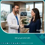 دكتور اسنان عربي في تركيا يبتسم ويرحب بمريض في عيادة أسنان حديثة في اسطنبول، مما يعكس الثقة وسهولة التواصل.