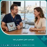 طبيب أسنان محترف يناقش خطة علاج مع مريض في عيادة حديثة، تمثل جودة عمليات رفع الجيب الفكي المفتوح في تركيا.