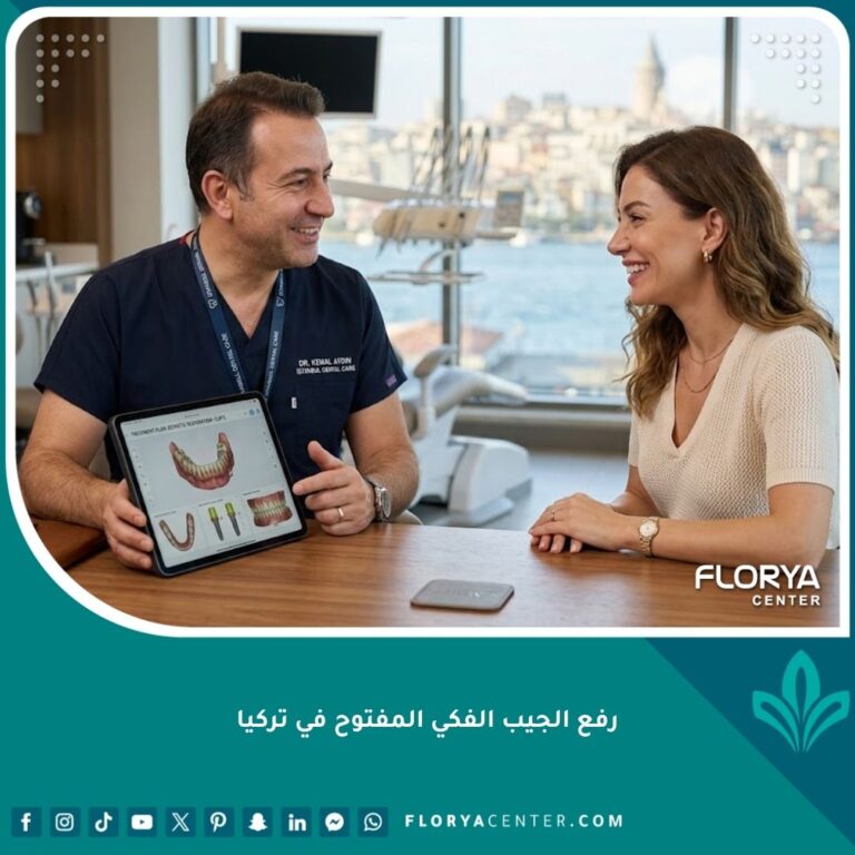 طبيب أسنان محترف يناقش خطة علاج مع مريض في عيادة حديثة، تمثل جودة عمليات رفع الجيب الفكي المفتوح في تركيا.