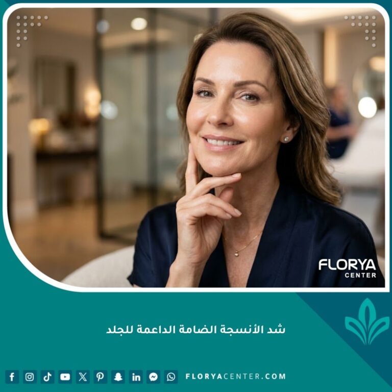 صورة واقعية لامرأة تبرز جمال بشرتها المشدودة والمحددة بعد الخضوع لإجراء شد الأنسجة الضامة الداعمة للجلد.
