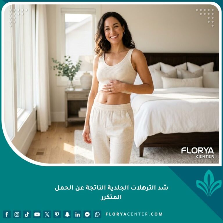 امرأة واثقة وسعيدة بمظهر بطنها المسطح بعد نجاح عملية شد الترهلات الجلدية الناتجة عن الحمل المتكرر.