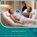 صورة واقعية توضح جلسة شد الترهلات بالتبريد المتقدم في عيادة تجميل فخمة، تقنية تجميد الدهون كحل لا جراحي بأحدث الأجهزة.