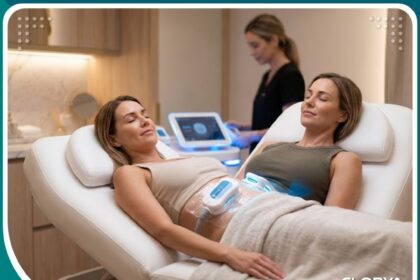 صورة واقعية توضح جلسة شد الترهلات بالتبريد المتقدم في عيادة تجميل فخمة، تقنية تجميد الدهون كحل لا جراحي بأحدث الأجهزة.