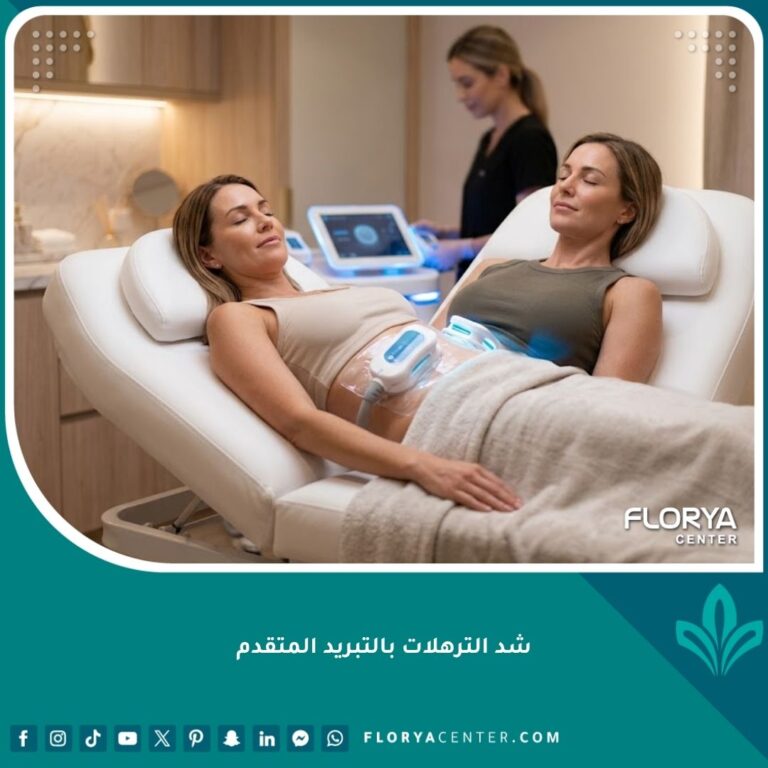 صورة واقعية توضح جلسة شد الترهلات بالتبريد المتقدم في عيادة تجميل فخمة، تقنية تجميد الدهون كحل لا جراحي بأحدث الأجهزة.