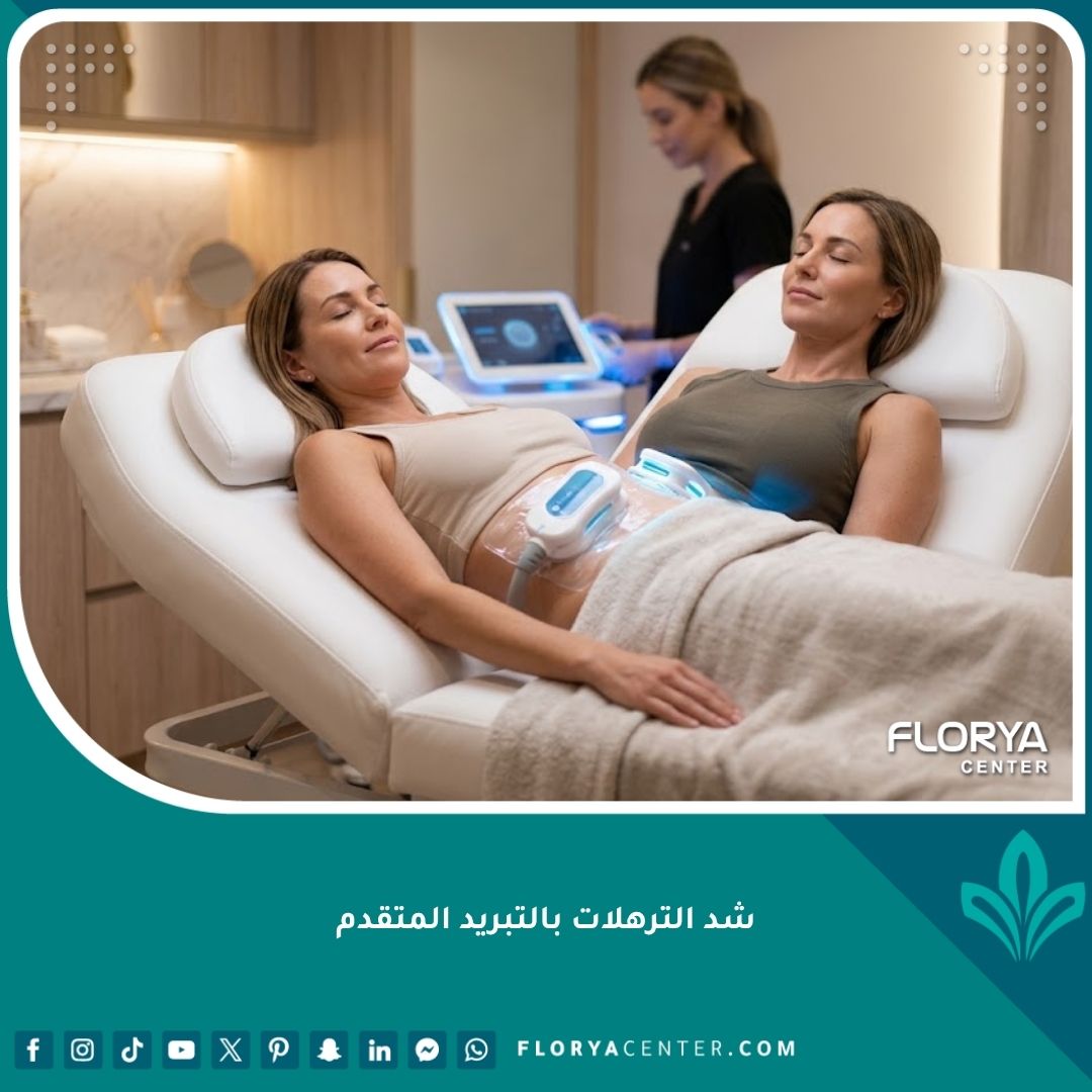 صورة واقعية توضح جلسة شد الترهلات بالتبريد المتقدم في عيادة تجميل فخمة، تقنية تجميد الدهون كحل لا جراحي بأحدث الأجهزة.