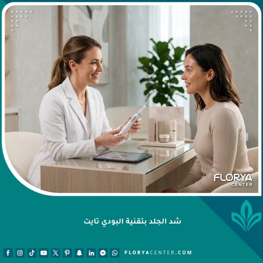طبيب تجميل يشرح خطوات شد الجلد بتقنية البودي تايت لمريضة في عيادة تجميل حديثة ومجهزة.