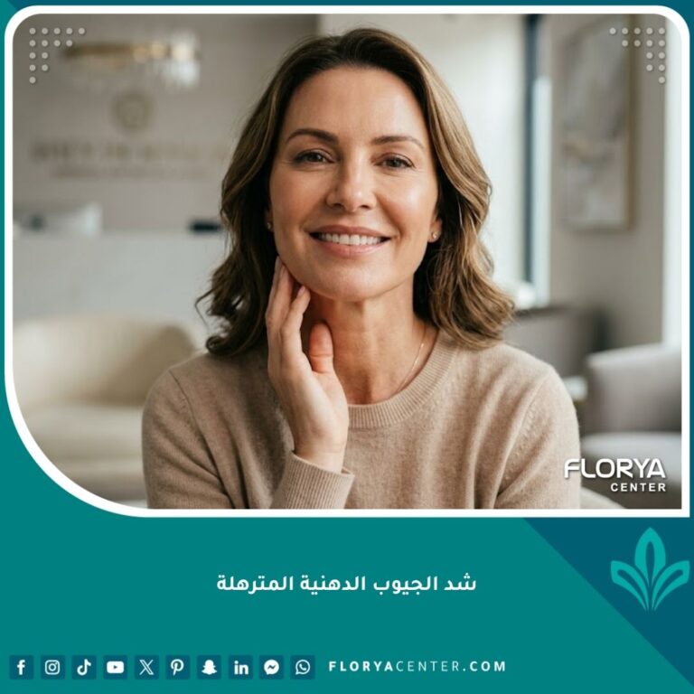 صورة واقعية تبرز نتائج شد الجيوب الدهنية المترهلة والتخلص من اللغلوغ للحصول على فك محدد وإطلالة شابة.