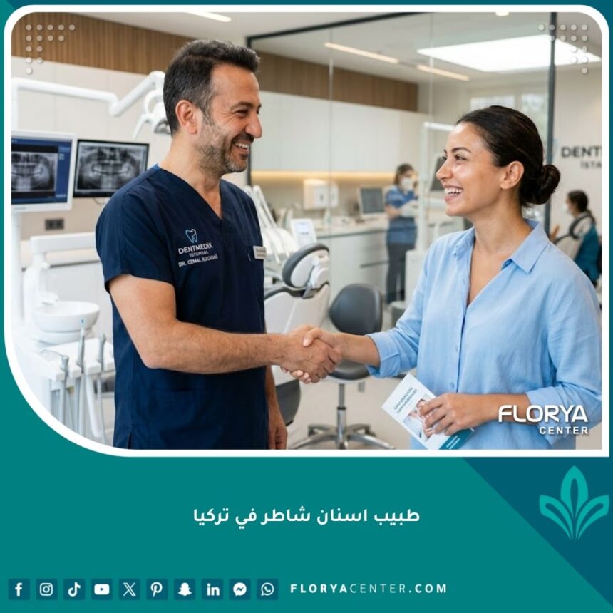 طبيب أسنان شاطر في تركيا يبتسم لمريض سعيد بعد جلسة علاج ناجحة في عيادة حديثة.