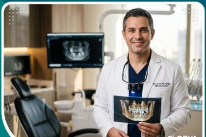 طبيب أسنان متخصص في الزراعة داخل عيادة حديثة مجهزة بأحدث تقنيات طب الأسنان.
