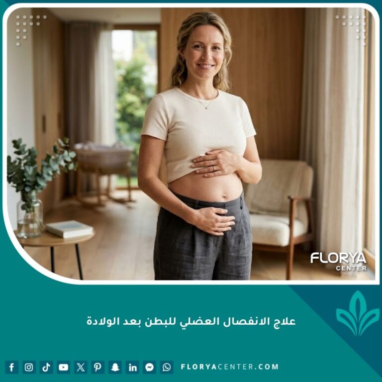 امرأة تتمتع ببطن مسطح ومشدود بعد نجاح علاج الانفصال العضلي للبطن بعد الولادة والتخلص من بروز الكرش.