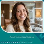ابتسامة ناصعة البياض وجميلة لامرأة بعد الخضوع لجلسات علاج الفلورة السنية في عيادة أسنان حديثة.