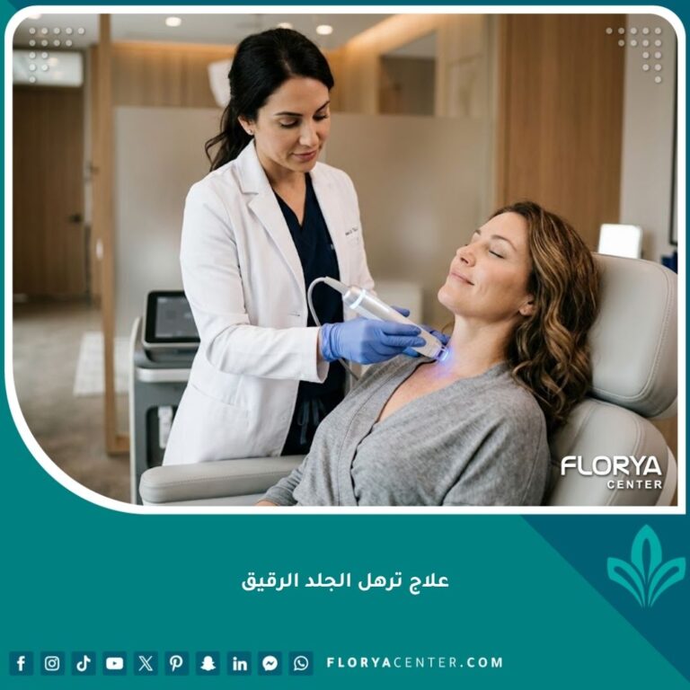 طبيب أمراض جلدية يستخدم أحدث تقنيات الفراكشنال ليزر لعلاج ترهل الجلد الرقيق في عيادة تجميل فاخرة.