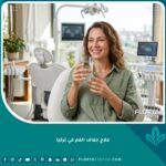 مريضة تشرب الماء بابتسامة مشرقة في عيادة أسنان حديثة كجزء من رحلة علاج جفاف الفم في تركيا.