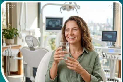 مريضة تشرب الماء بابتسامة مشرقة في عيادة أسنان حديثة كجزء من رحلة علاج جفاف الفم في تركيا.