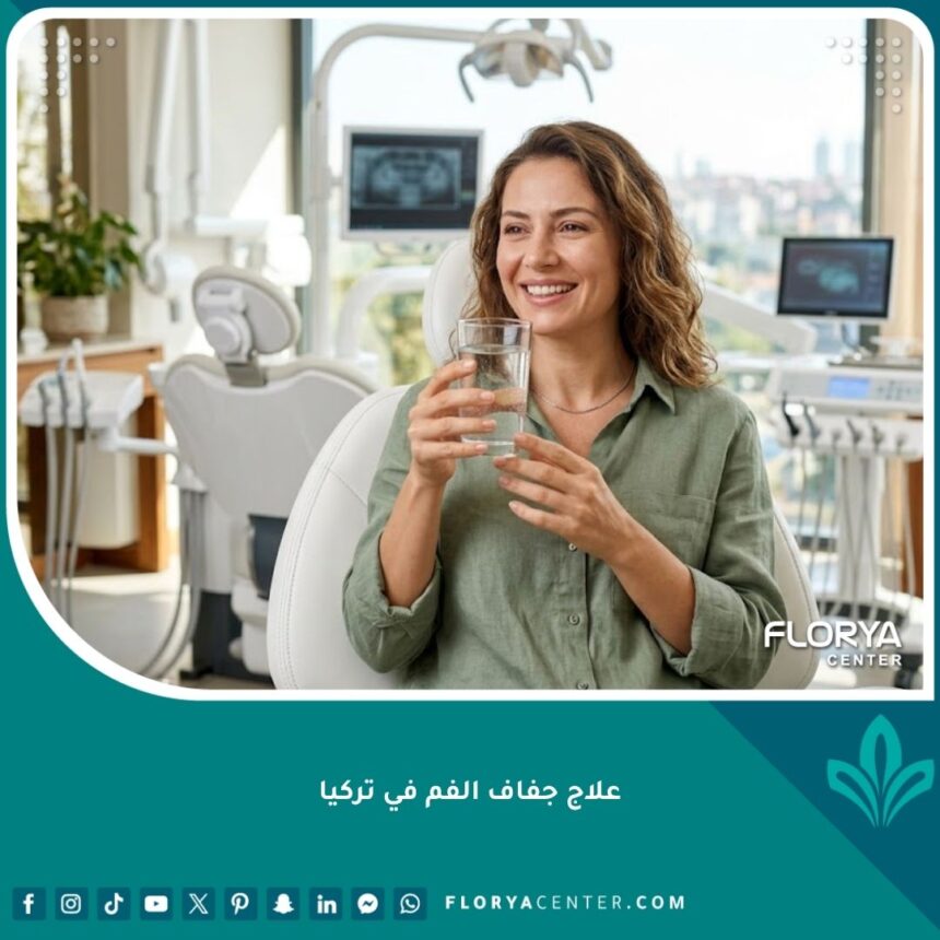 علاج جفاف الفم في تركيا 1 مريضة تشرب الماء بابتسامة مشرقة في عيادة أسنان حديثة كجزء من رحلة علاج جفاف الفم في تركيا.