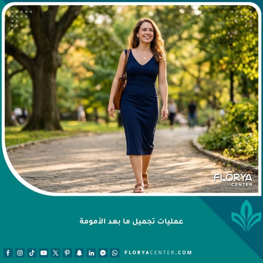 أم شابة تشعر بالثقة والسعادة بقوامها المتناسق بعد إجراء عمليات تجميل ما بعد الأمومة لاستعادة رشاقتها.